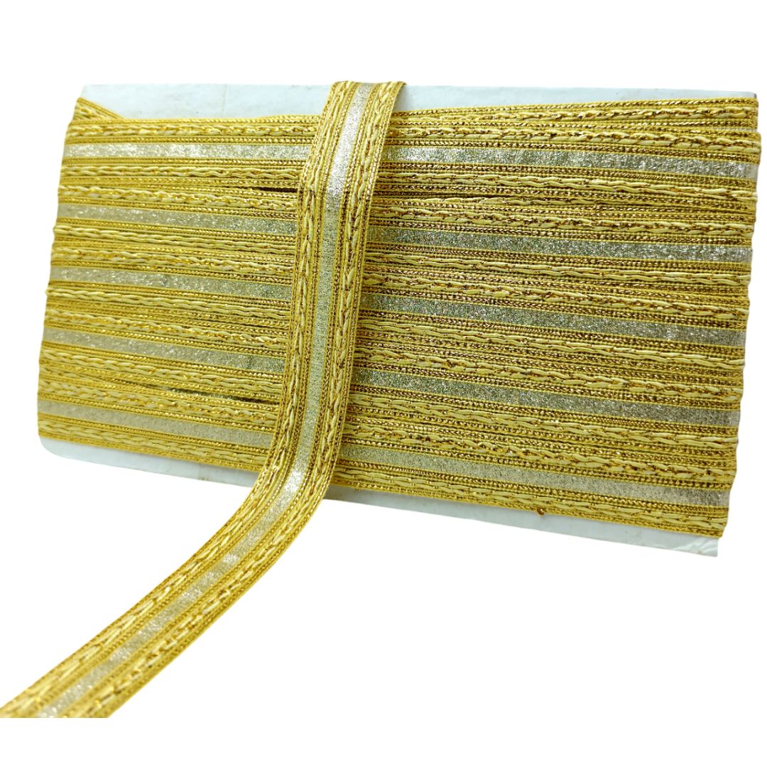 Gold and silver striped ribbon on a white background