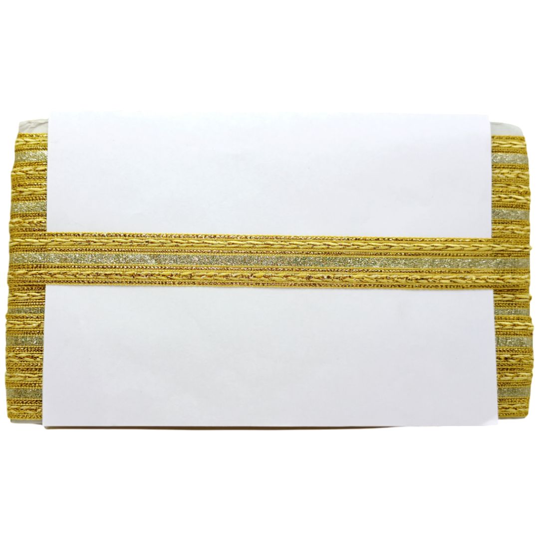Gold and white clutch bag on a white background