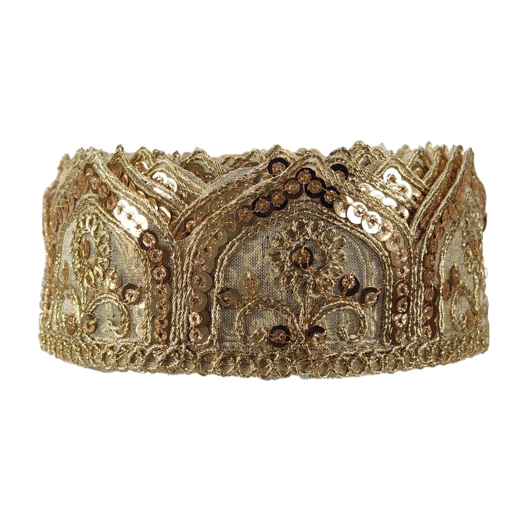 Decorative headband with intricate gold embroidery on a white background