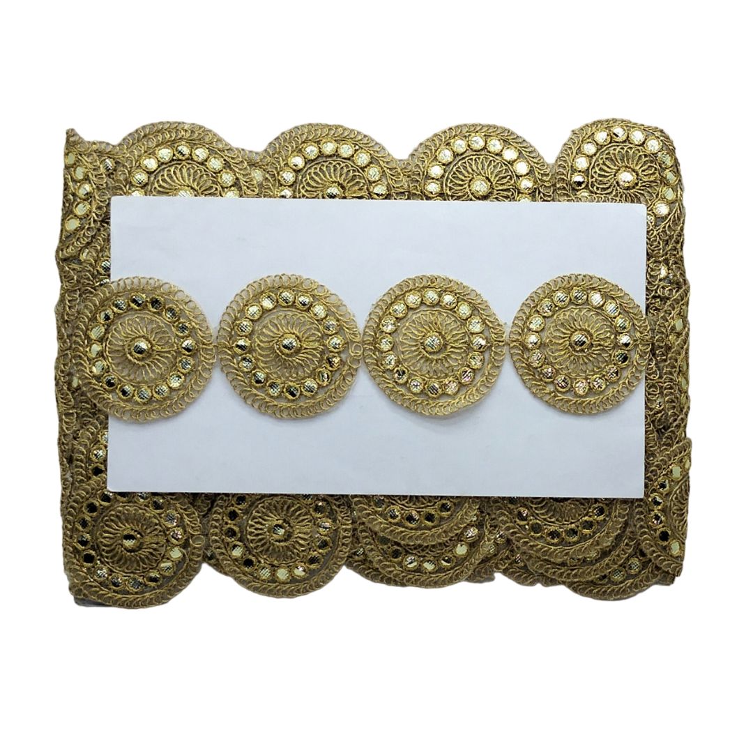 Decorative gold trim with circular patterns on a white card