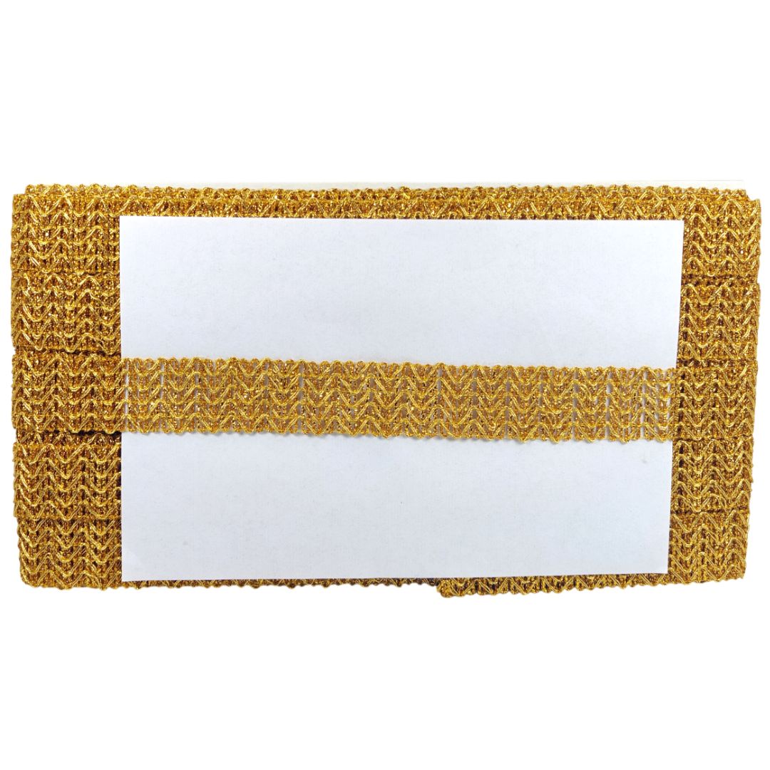 Gold woven card holder with a white card inside on a white background