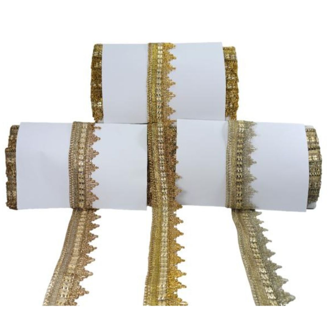 Gold lace trim on white paper with a white background