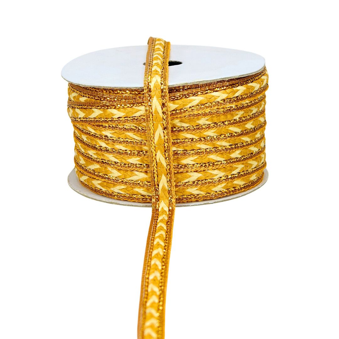 Roll of gold ribbon with a decorative pattern on a white background
