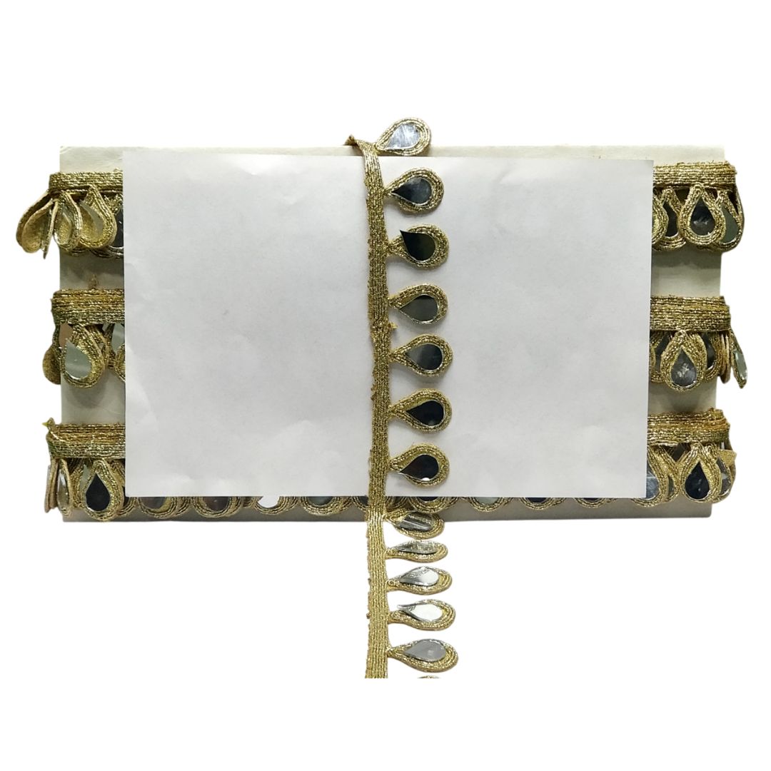 Kurlz 1 inch Fancy Pearl White Silk Thread Embroidery with Mirror Lace For Kurtis, Dresses, Necks | Size: 9 Yards