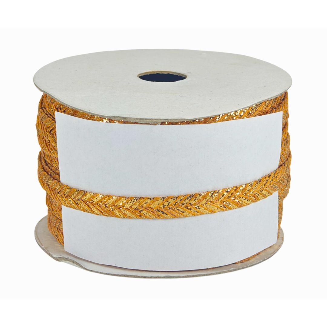 Spool of white ribbon with gold braided edge on a white background