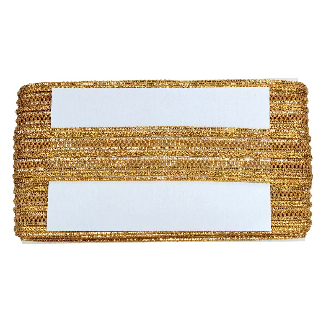 Gold metallic ribbon with white labels on a white background