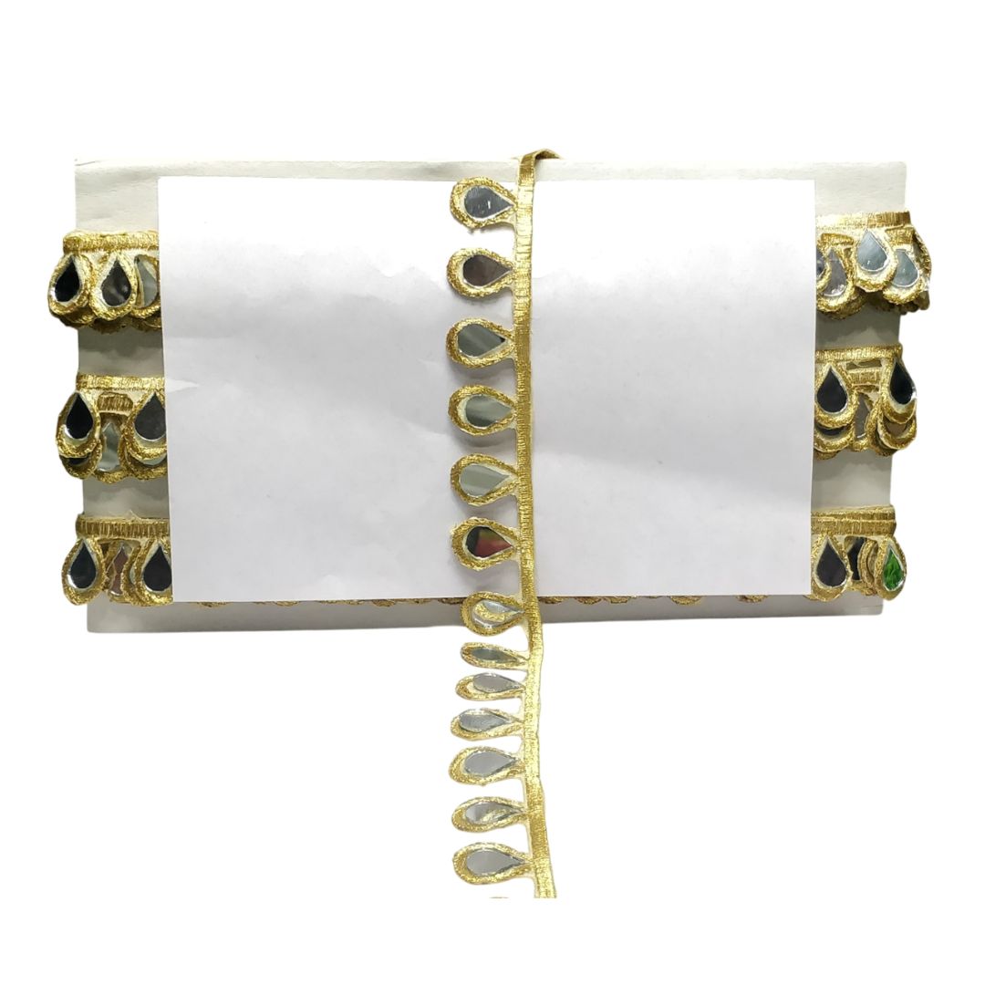 Kurlz 1 inch Fancy Pearl White Silk Thread Embroidery with Mirror Lace For Kurtis, Dresses, Necks | Size: 9 Yards