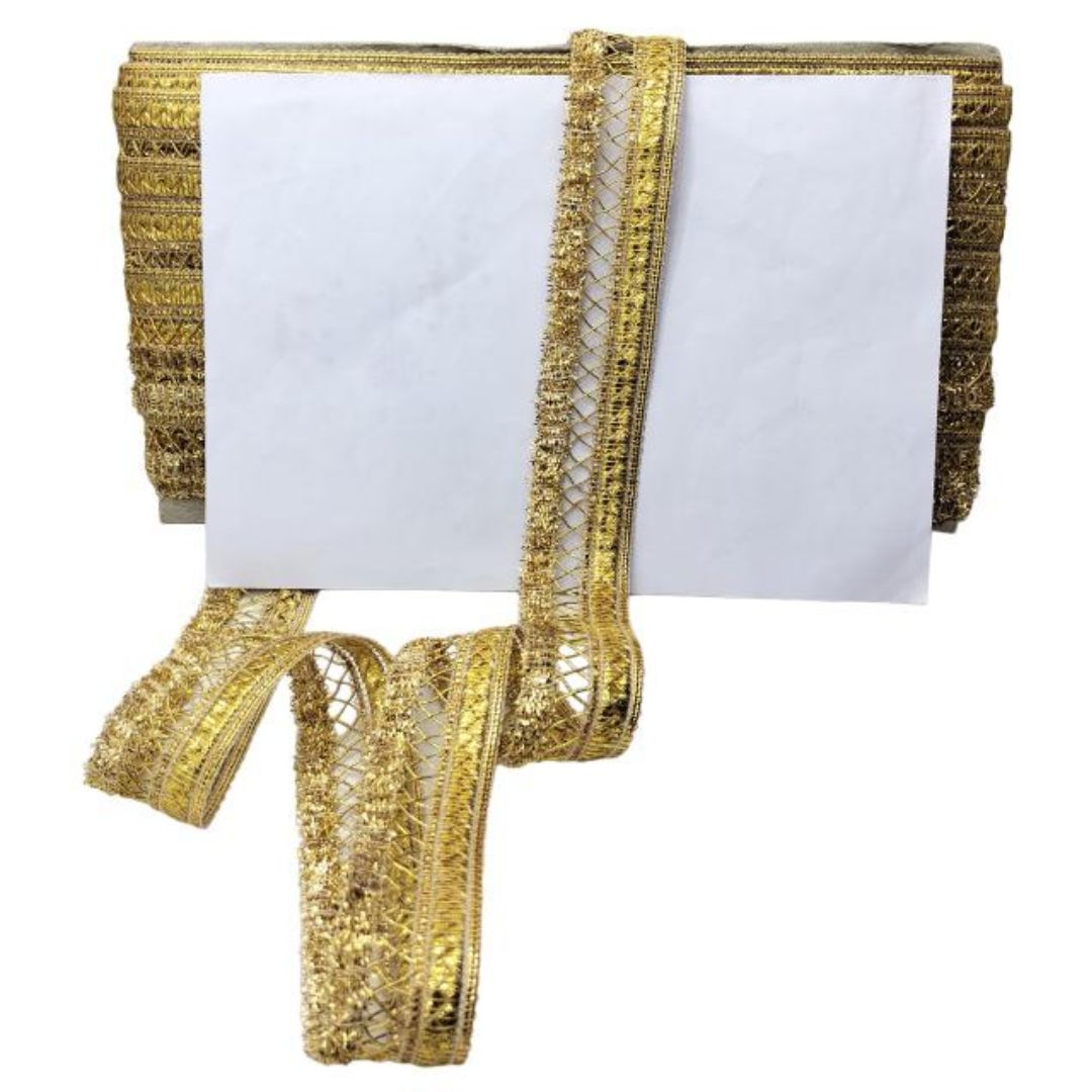 Gold mesh ribbon with a white card on a white background