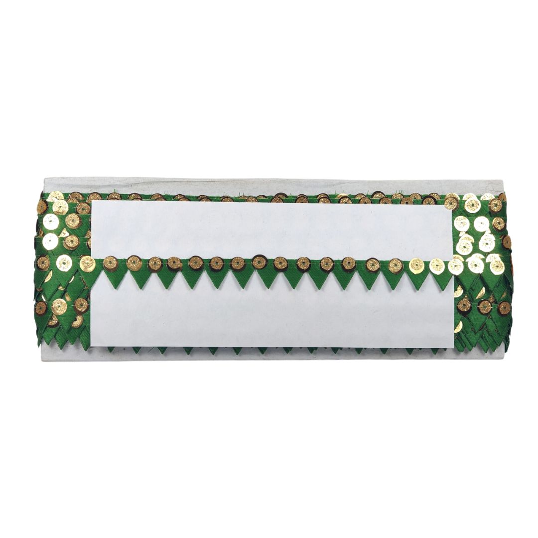 Decorative clutch with green and gold accents on a white background