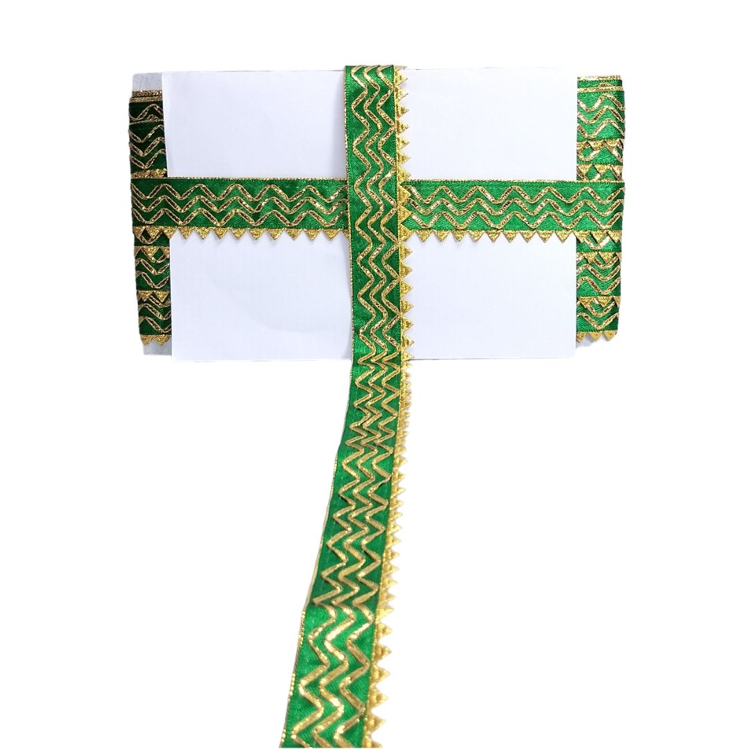 Kurlz 1 inch Satin Silk with Golden Piping, Gota Patti & Golden Samosa Lace For Laddo Gopal Poshak, Handicrafts, Puja Aasan, Singhasan | Size: 9 Yards