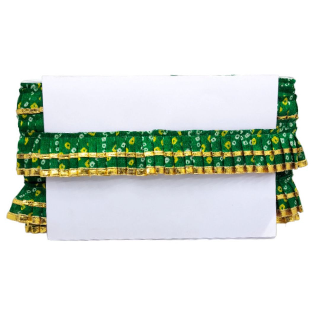 Kurlz 2 Line Bandhej Printed and Golden Gota Patti Exclusive Frill For Lehenga, Dupatta, Art & Craft, Singhasan, Ladoo Gopal Poshak | Size: 9 Yards