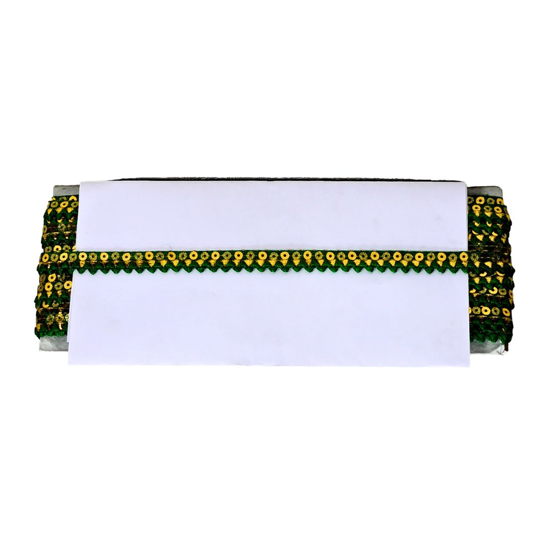 White rectangular card with green and yellow patterned border on a white background