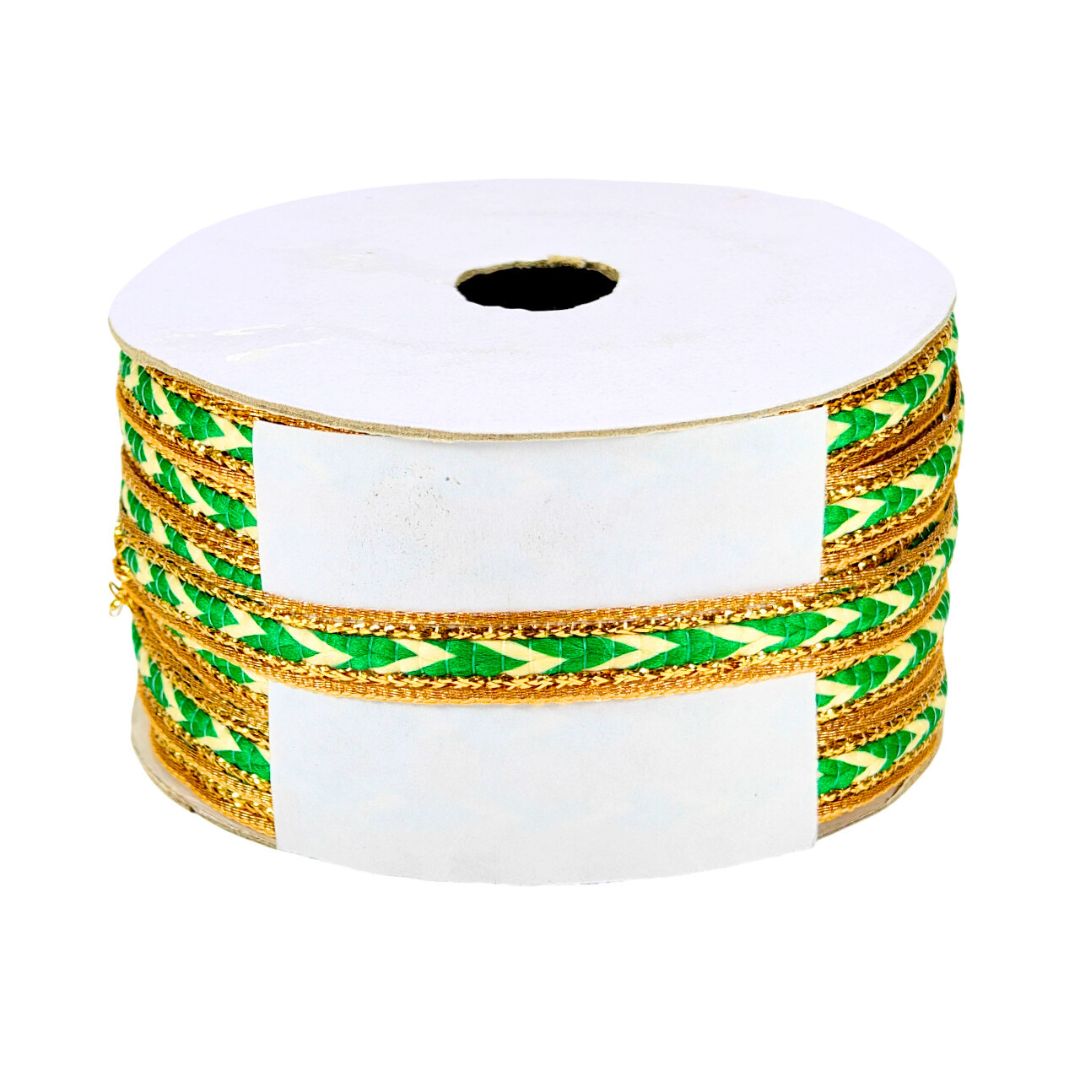 Roll of ribbon with green and gold pattern on a white background