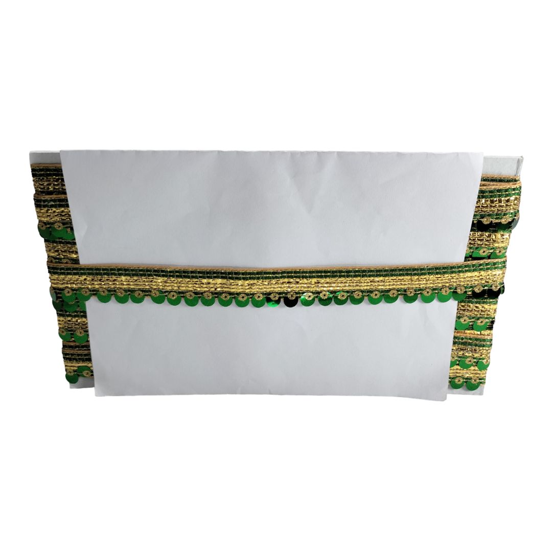 White pouch with green and gold decorative trim on a white background