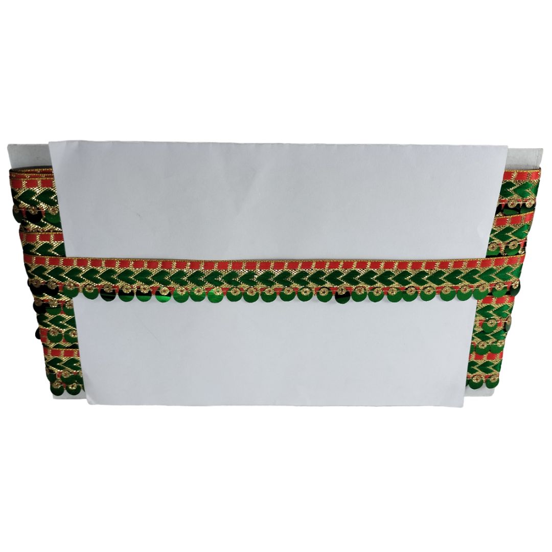 White pouch with green and red decorative border on a white background