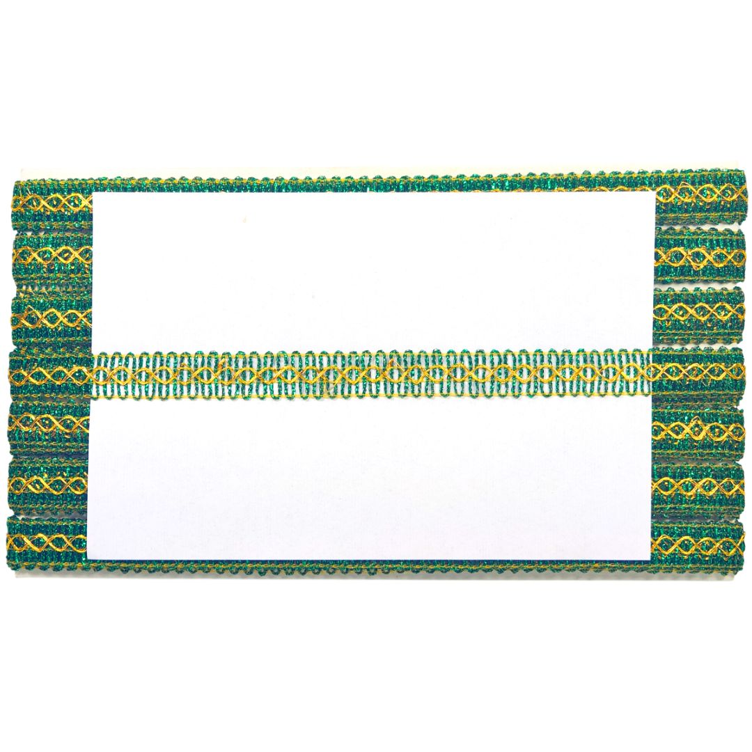 Decorative green and gold border on a white background