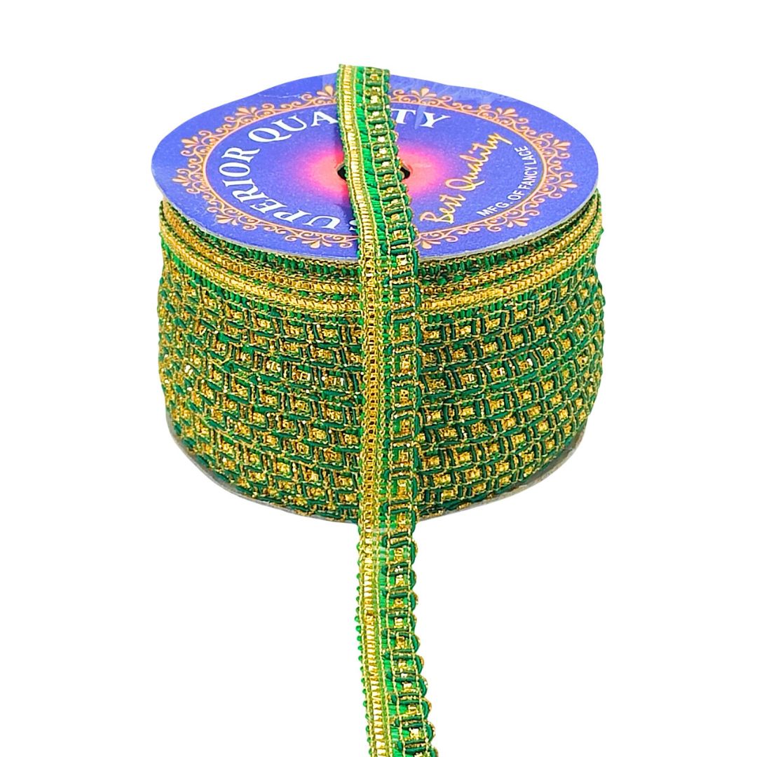 Green and gold decorative ribbon on a spool with 'Emperor Quality' label.