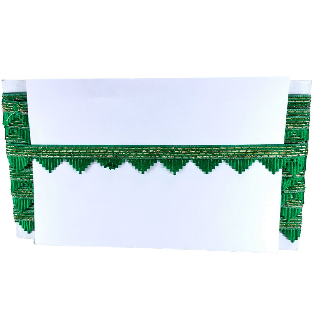 Green decorative border with gold accents on a white background