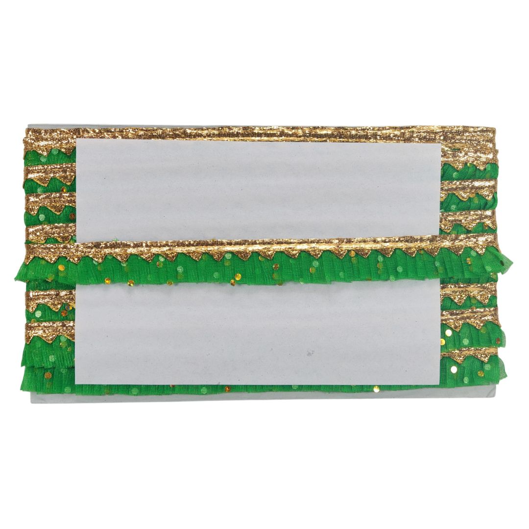 Decorative card with green and gold border on a white background