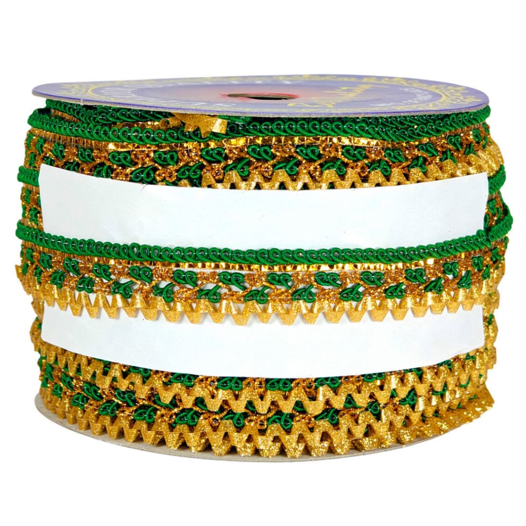 Spool of green and gold decorative ribbon on a white background