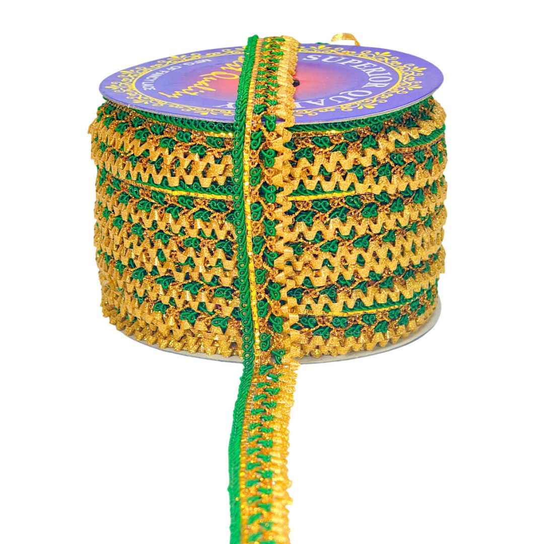 Spool of yellow and green braided ribbon on a white background