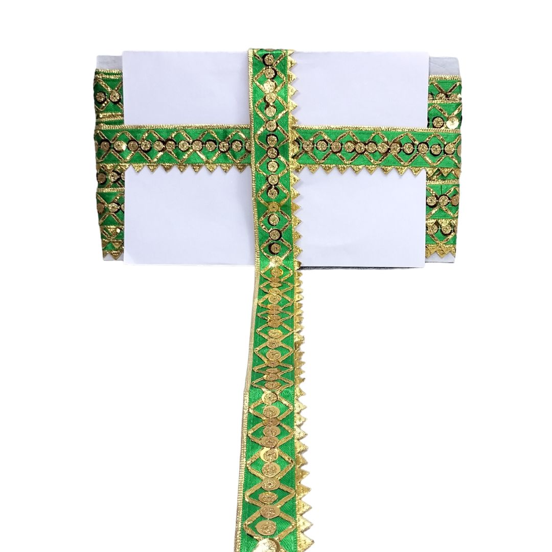 Decorative green and gold border on a white background