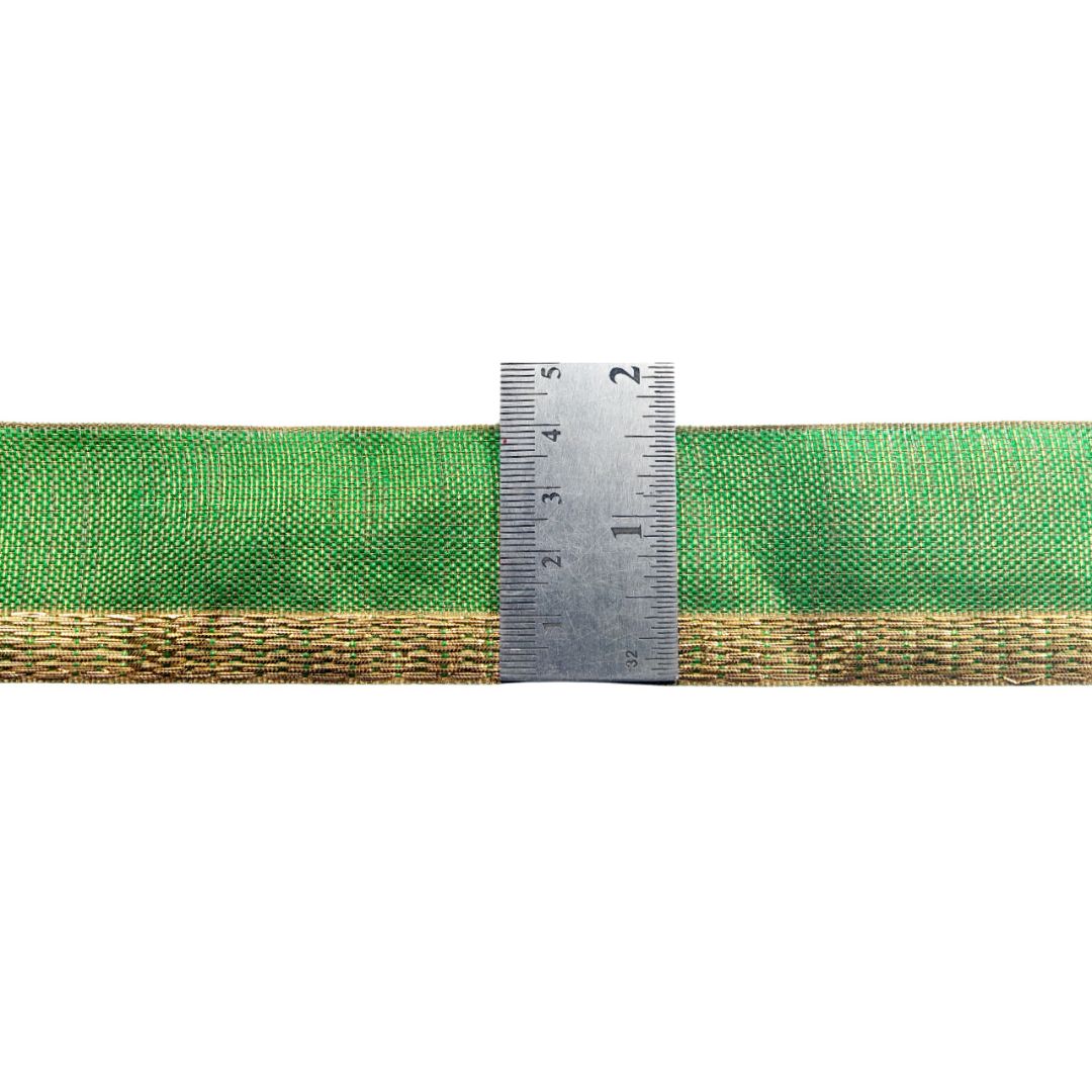 Green and brown woven belt with a ruler for scale on a white background