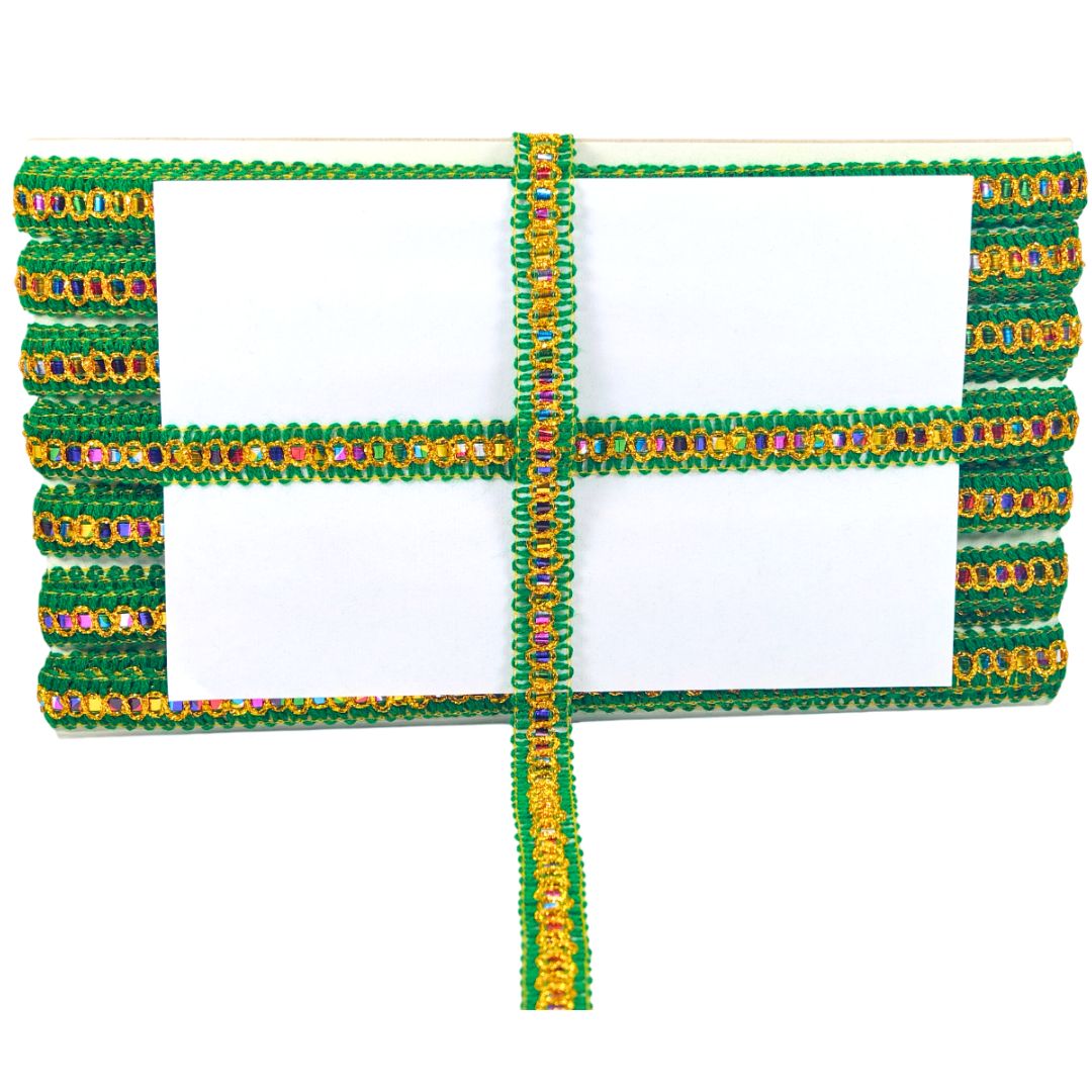 Decorative frame with green and gold beads on a white background