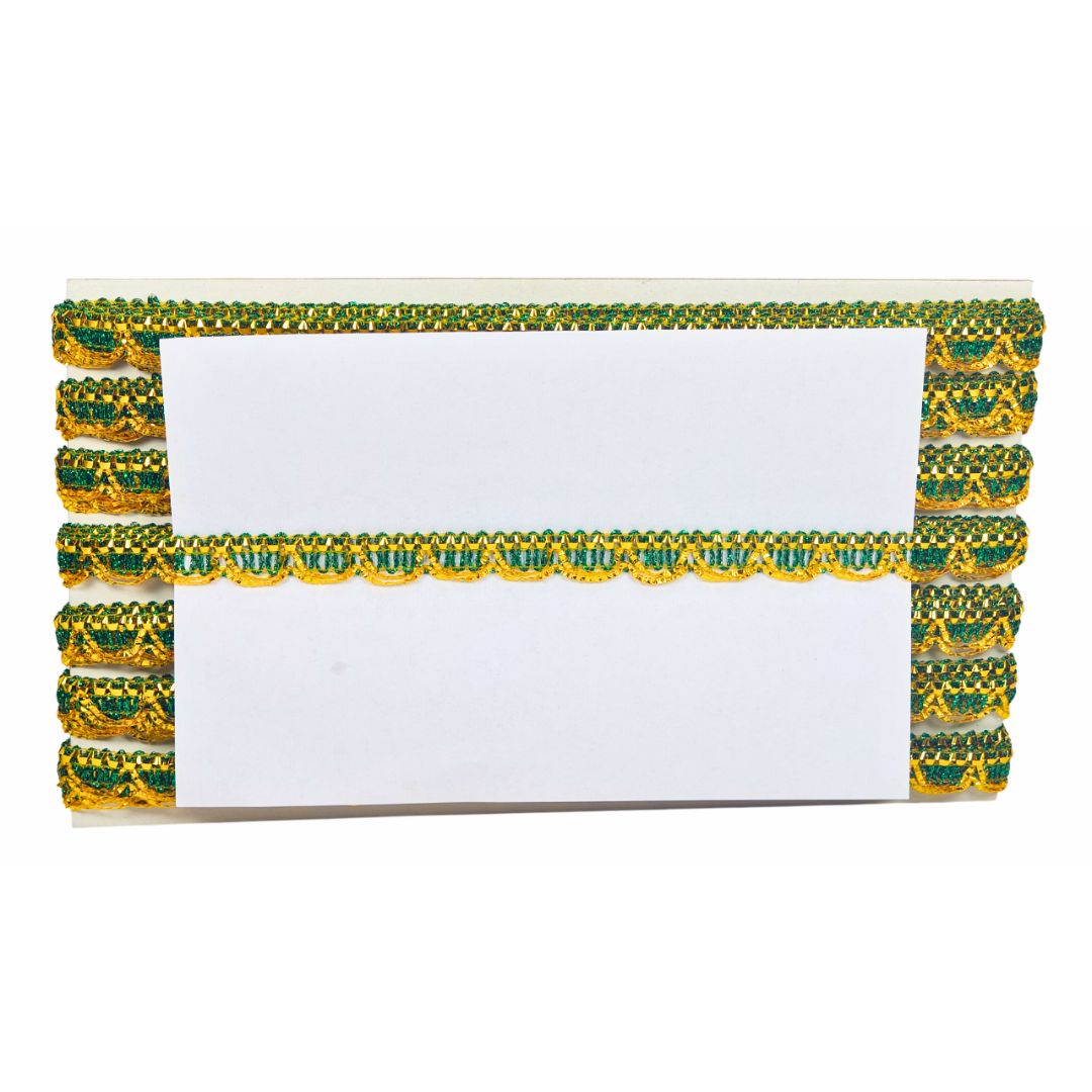 Decorative green and yellow trim with a white card on a white background