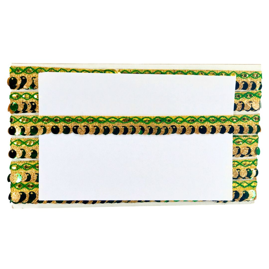 Two decorative name tags with green and gold border and black beads on a white background