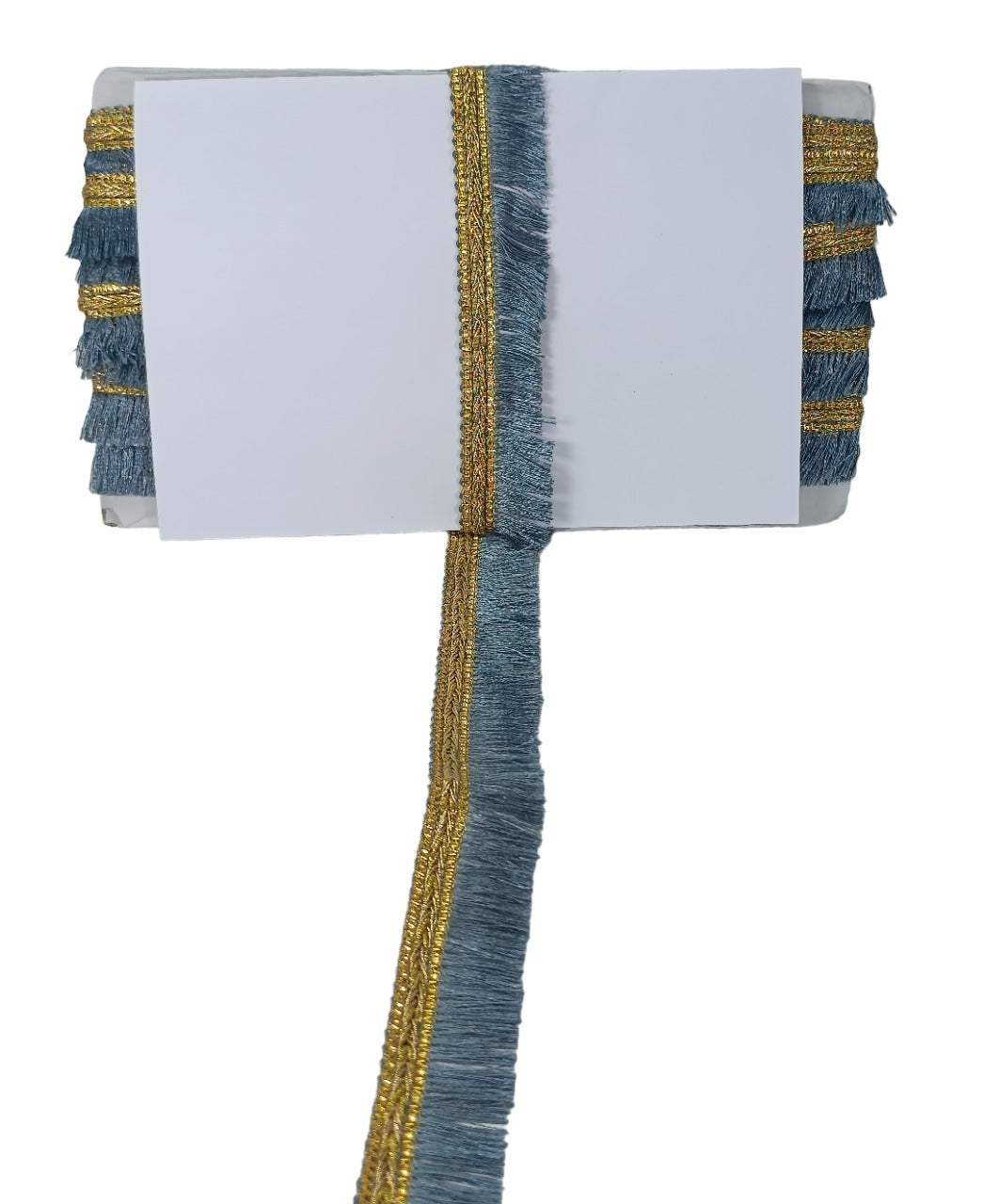 Textile with blue and gold fringes on a white background