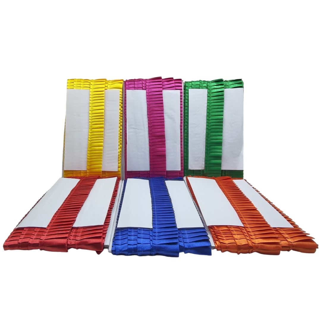 Set of colorful ribbons in red, blue, green, pink, and yellow on a white background