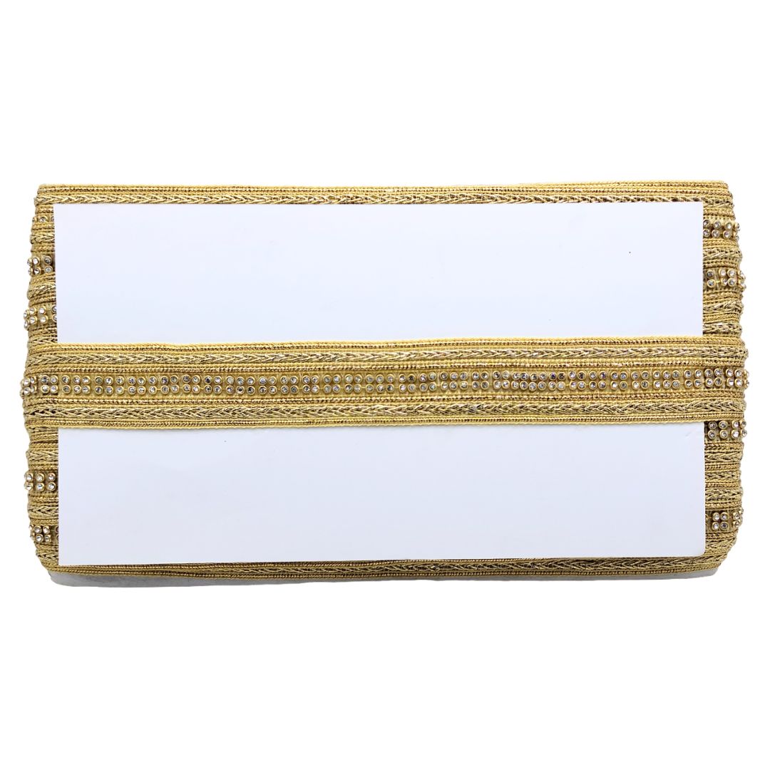 Gold clutch with a white interior on a white background