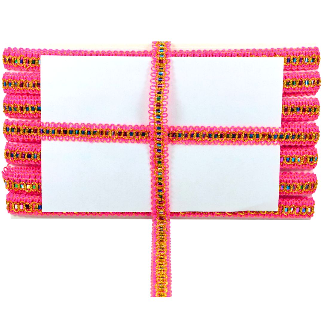 Decorative pink frame with colorful beads on a white background
