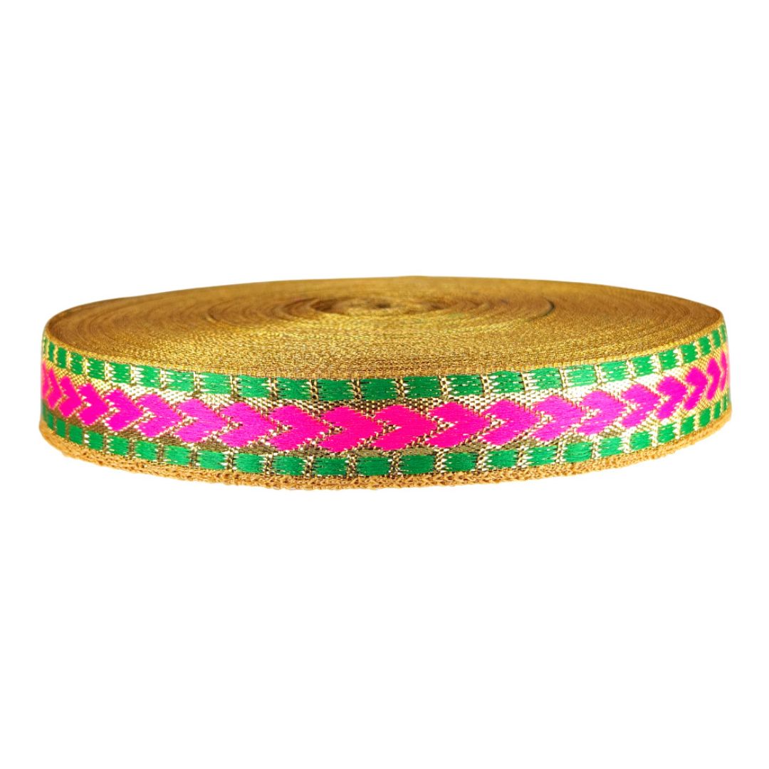 Gold ribbon with pink and green pattern on a white background