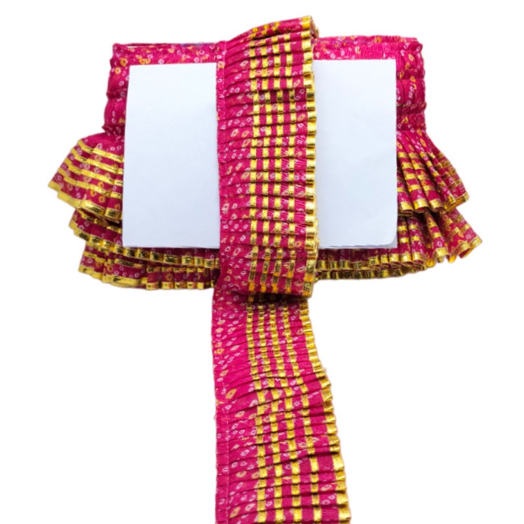 Pink and yellow checkered ribbon with ruffled edges on a white background
