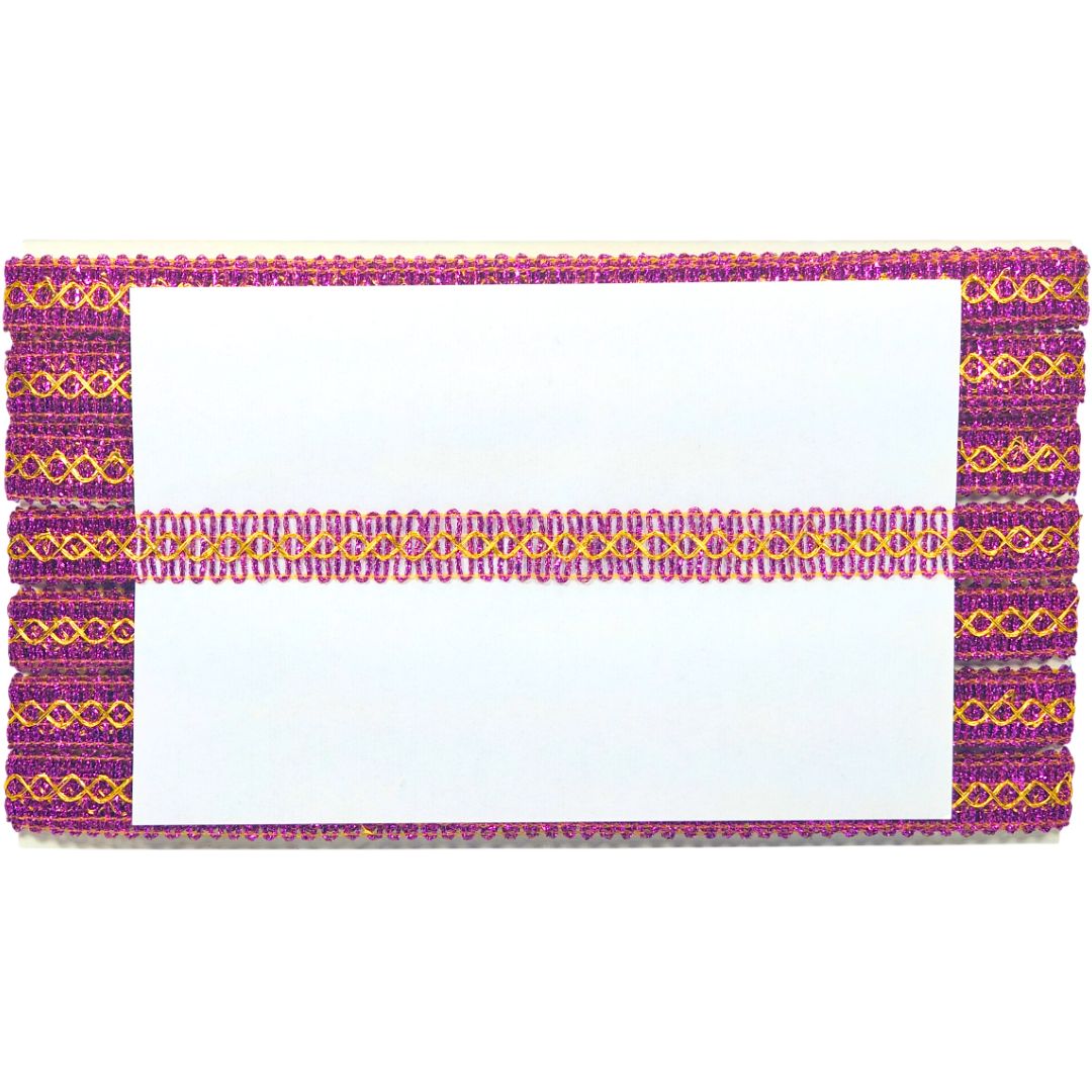 Decorative purple and gold beaded frame on a white background