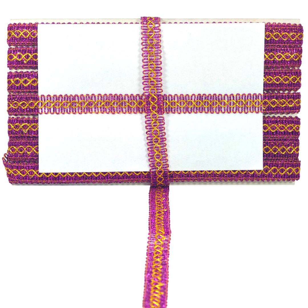 Decorative Lace made of purple and gold ribbons on a white background