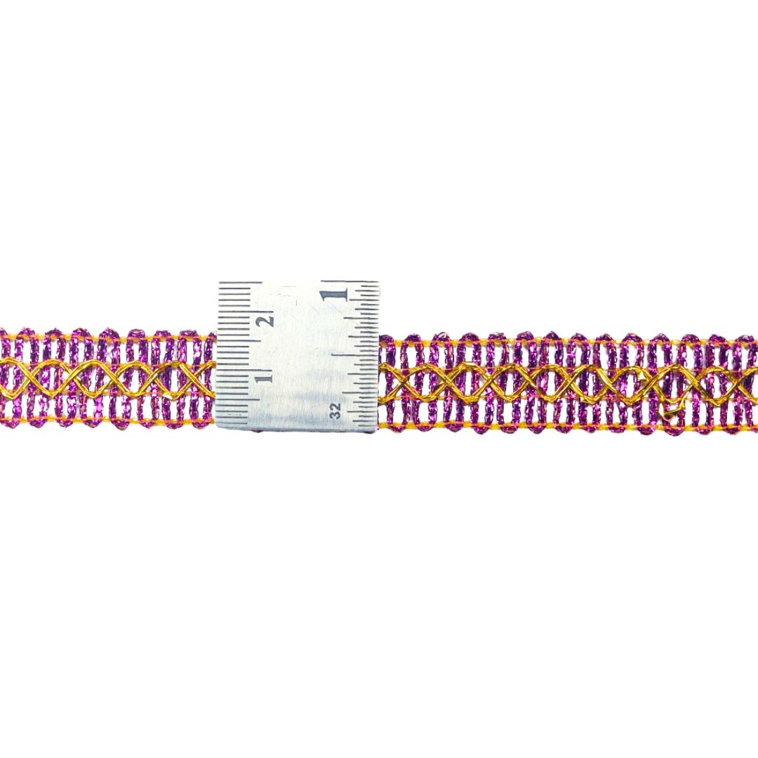 Purple and gold braided cord with a ruler for scale on a white background