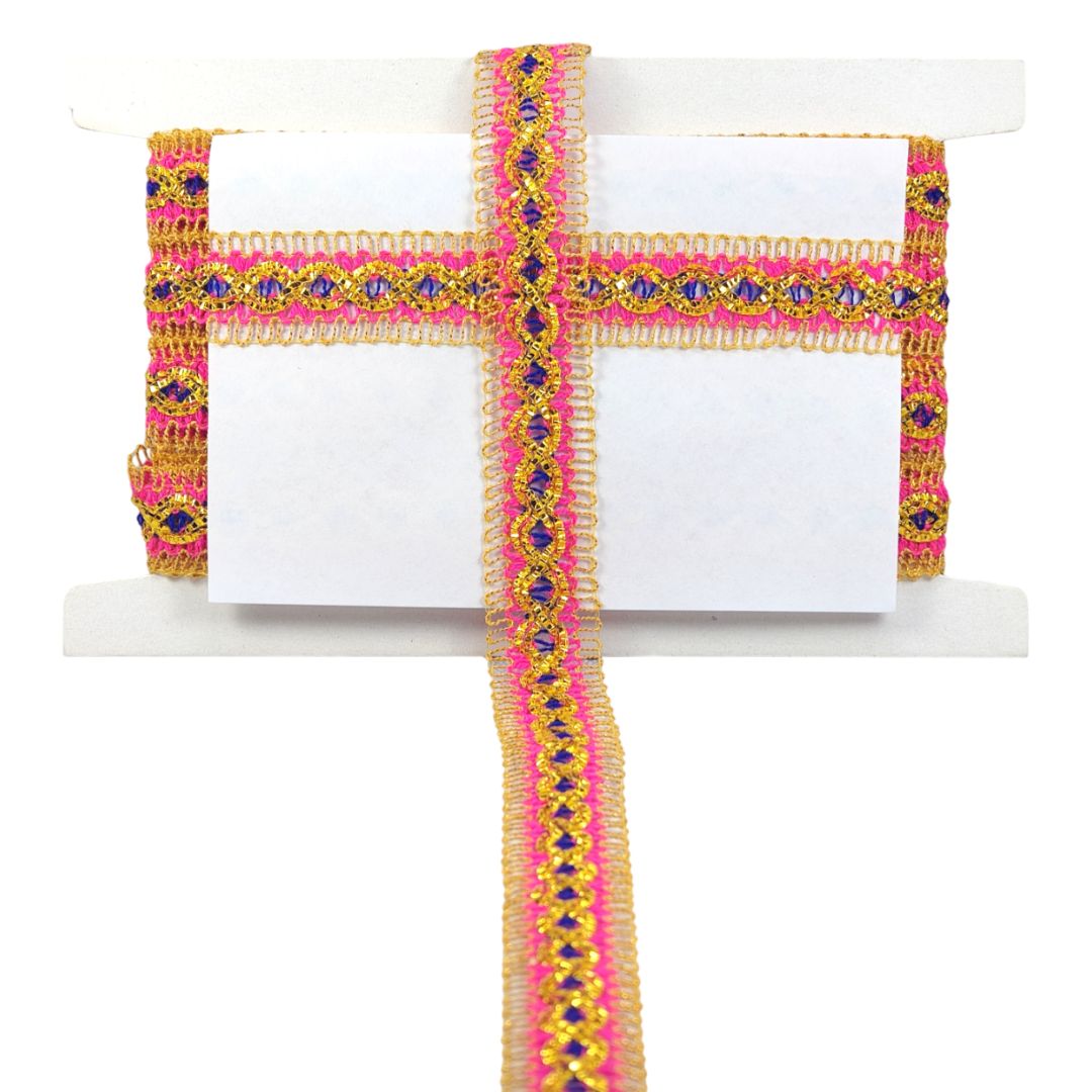 Decorative ribbon with pink and gold colors on a white background