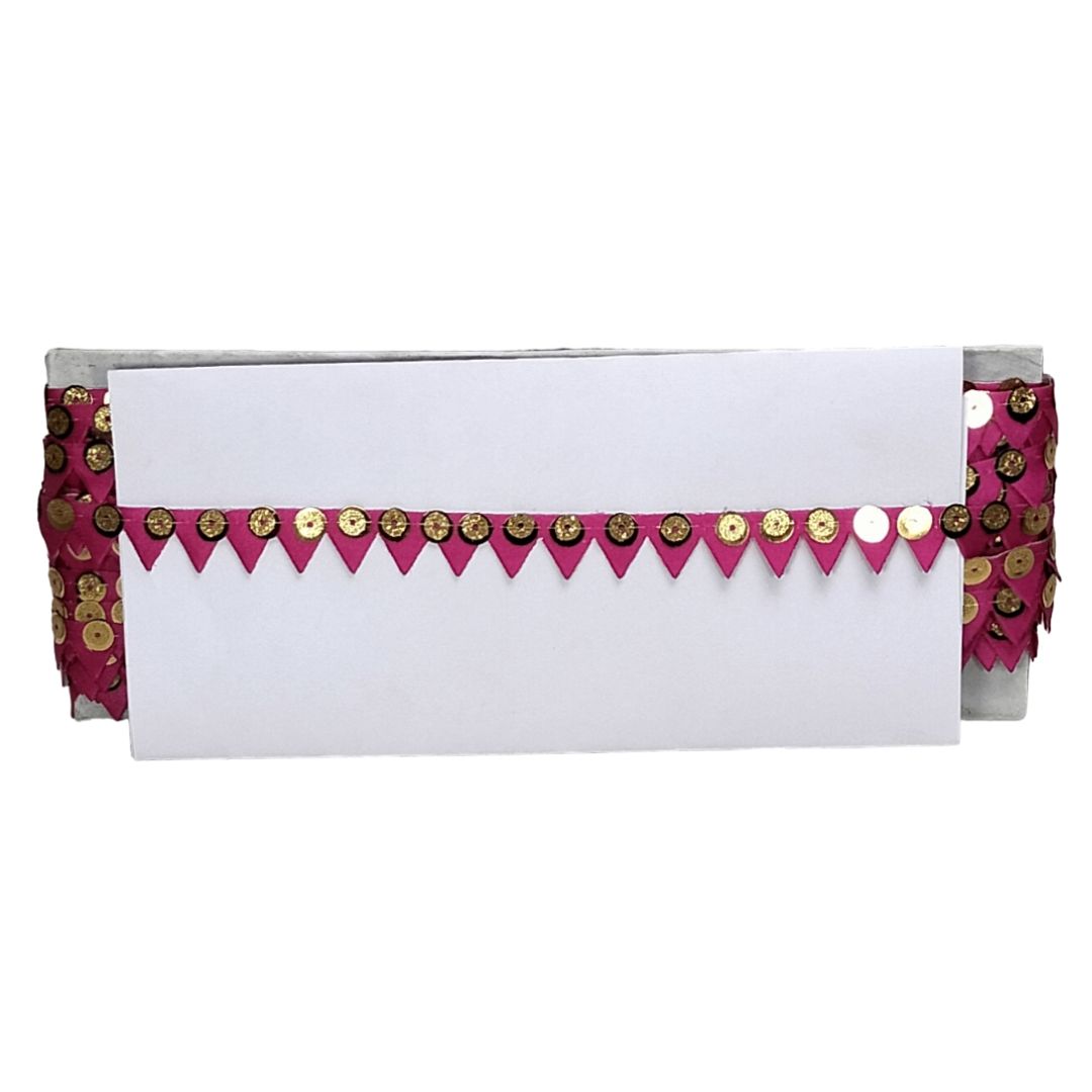 White pouch with pink and gold decorative trim on a white background