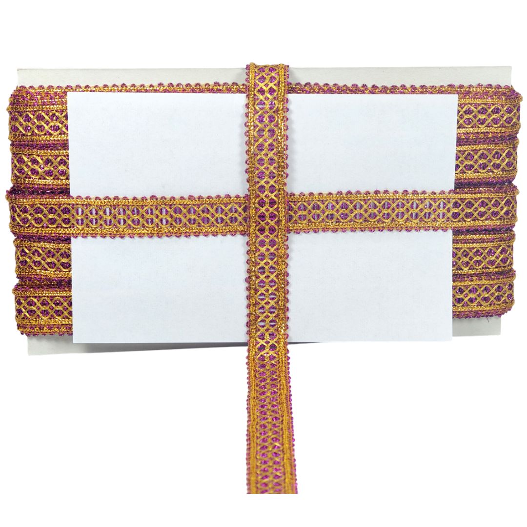Decorative ribbon with gold and purple patterns on a white background