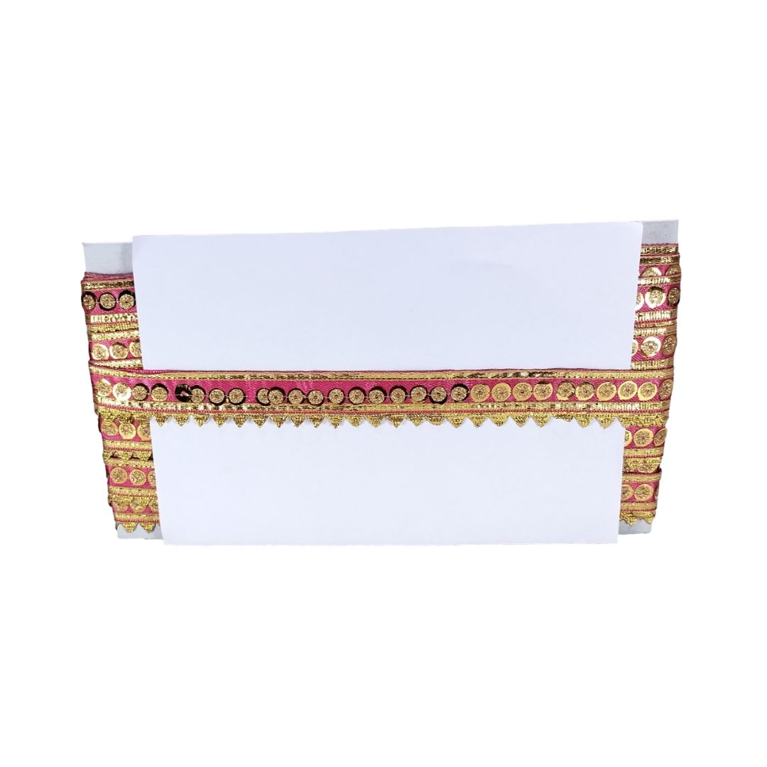 Decorative table runner with a colorful border on a white background