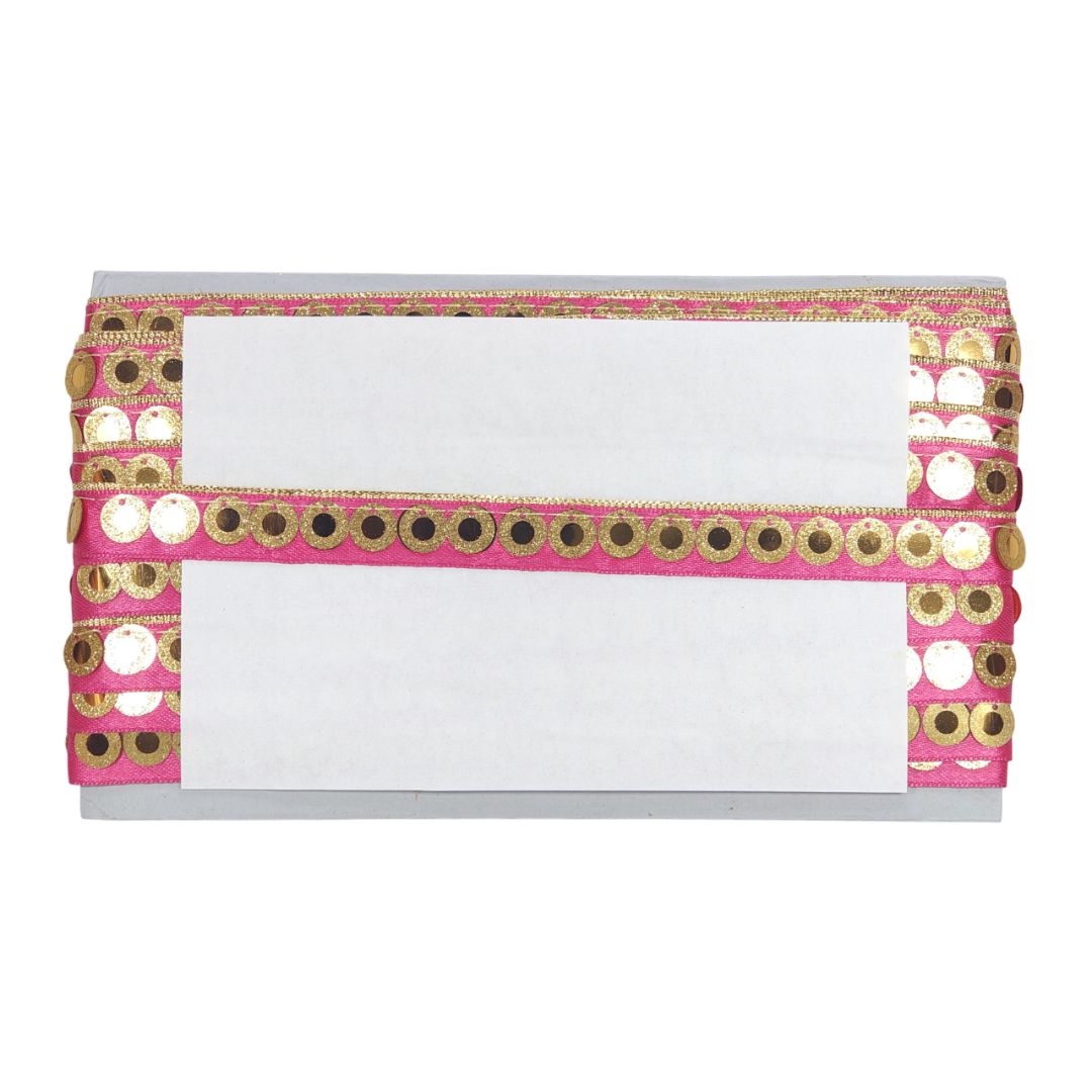 White card with pink and gold decorative border on a white background