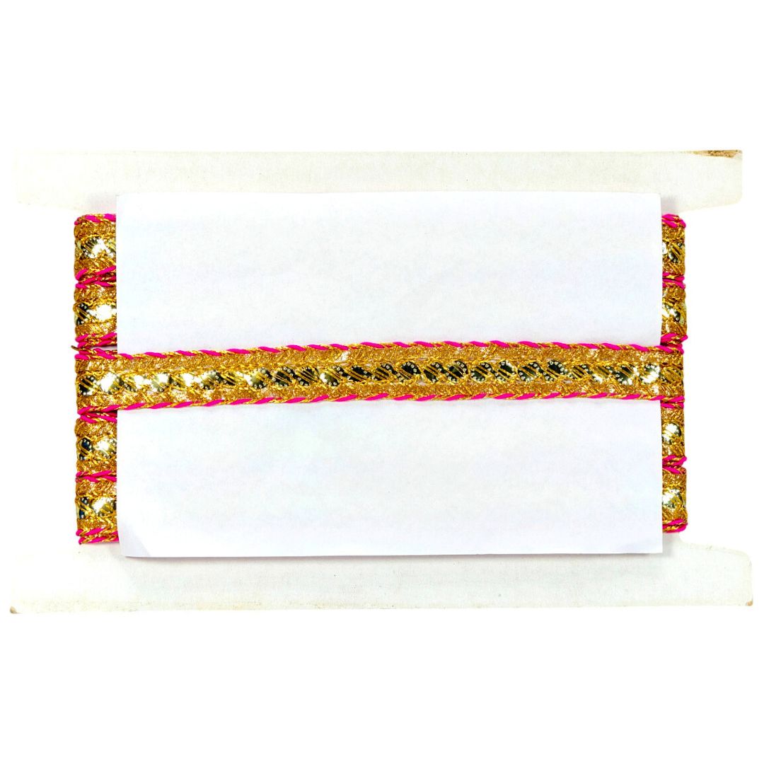 Decorative card with gold and pink border on a white background
