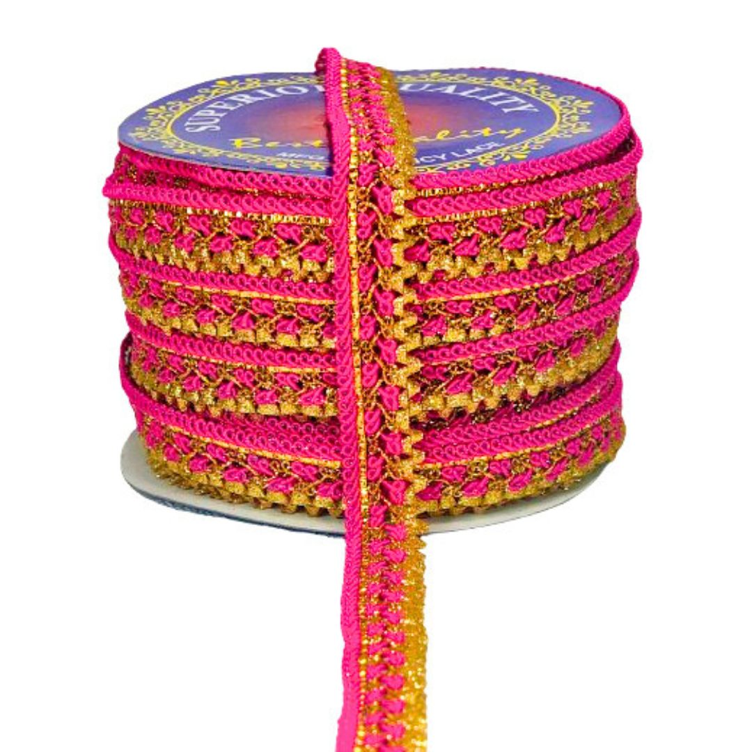 Spool of pink and gold lace ribbon with 'Supero' branding on a white background