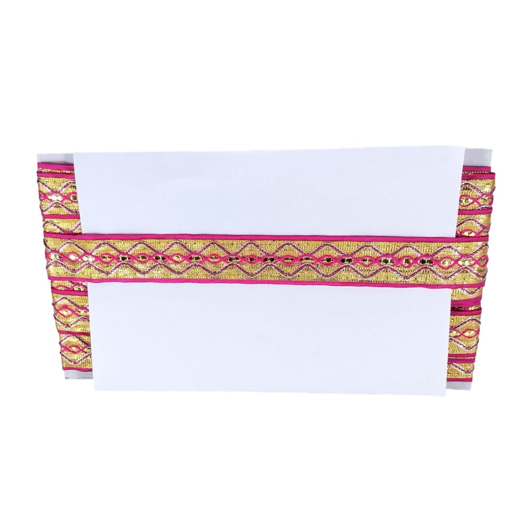 Decorative headband with pink and yellow patterns on a white background