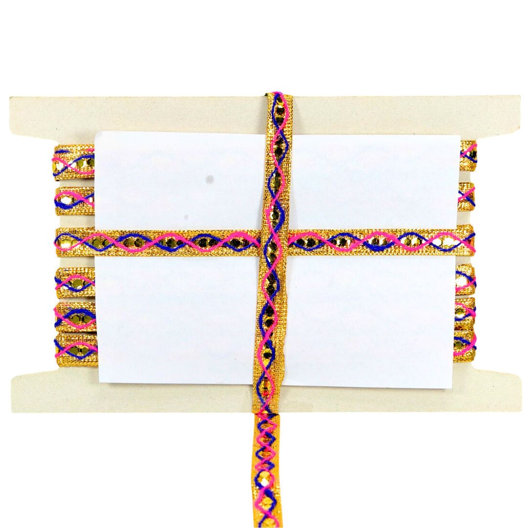 Colorful woven strips on a wooden frame with a white background