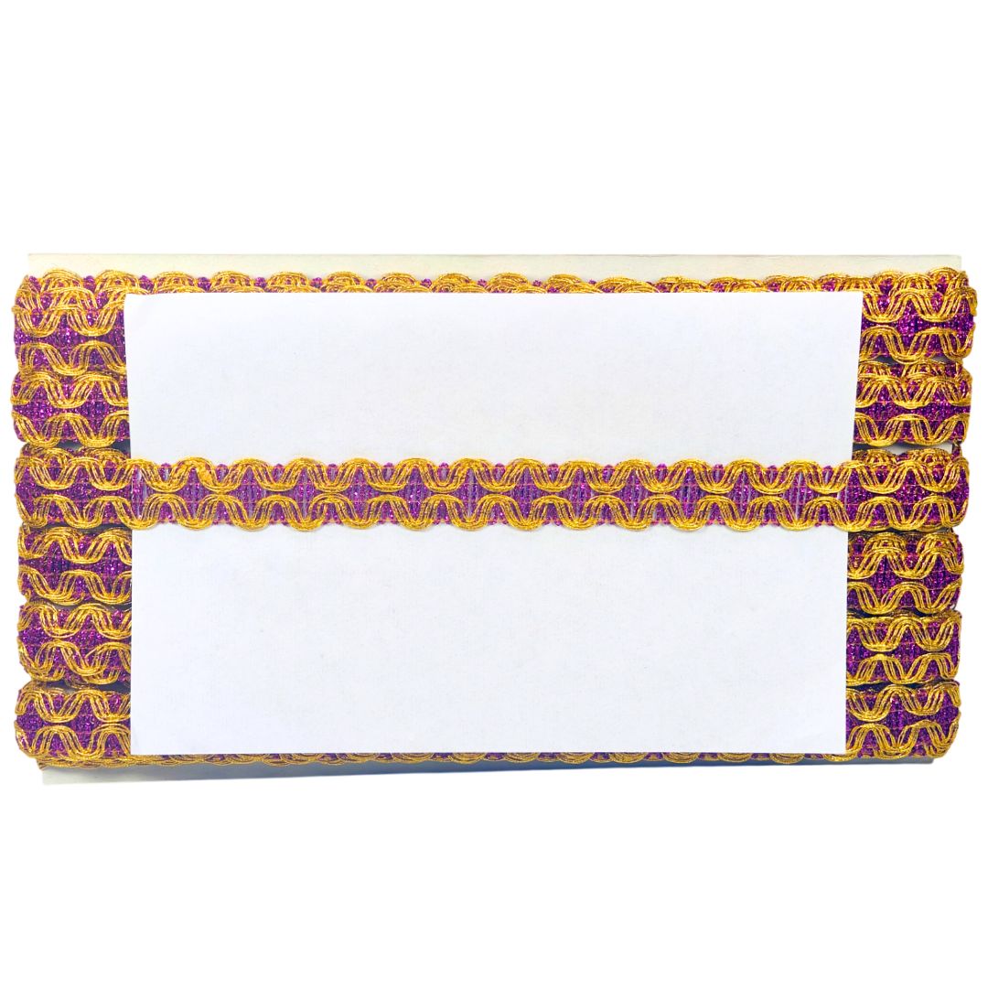Rectangular white board with purple and yellow decorative border on a white background