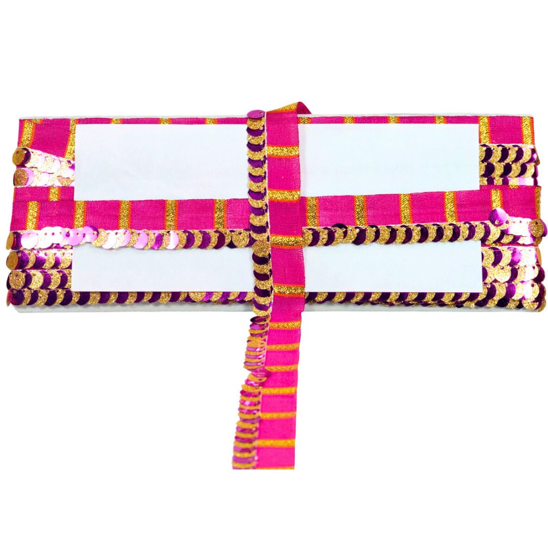 Decorative pink and gold fabric with white card holders on a white background